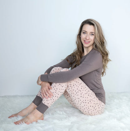 Women's Bamboo Long Sleeve Fitted Pajama Set (Antler/Doodle Hearts Print)