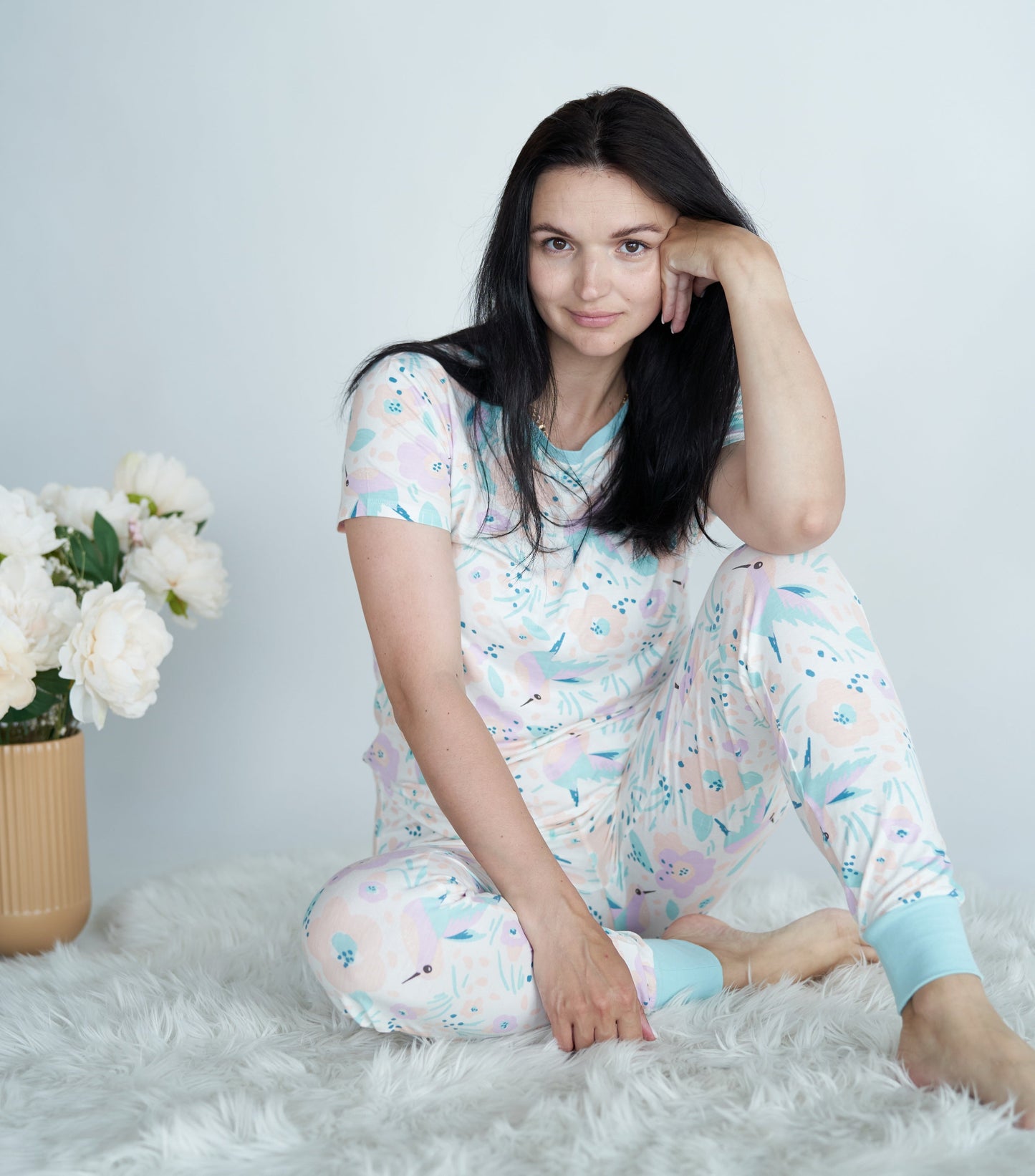 Wommen's Bamboo Short Sleeve Pajama Set (Hummingbird Garden Print)