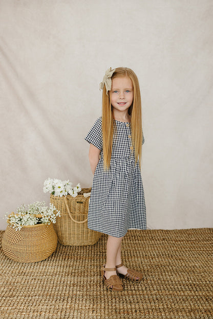 Girls Navy Gingham Linen Cotton Dress