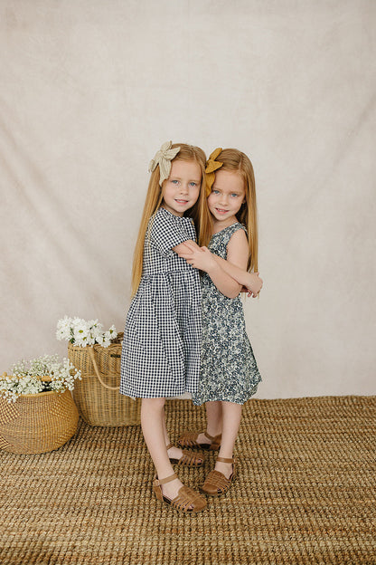 Girls Navy Gingham Linen Cotton Dress