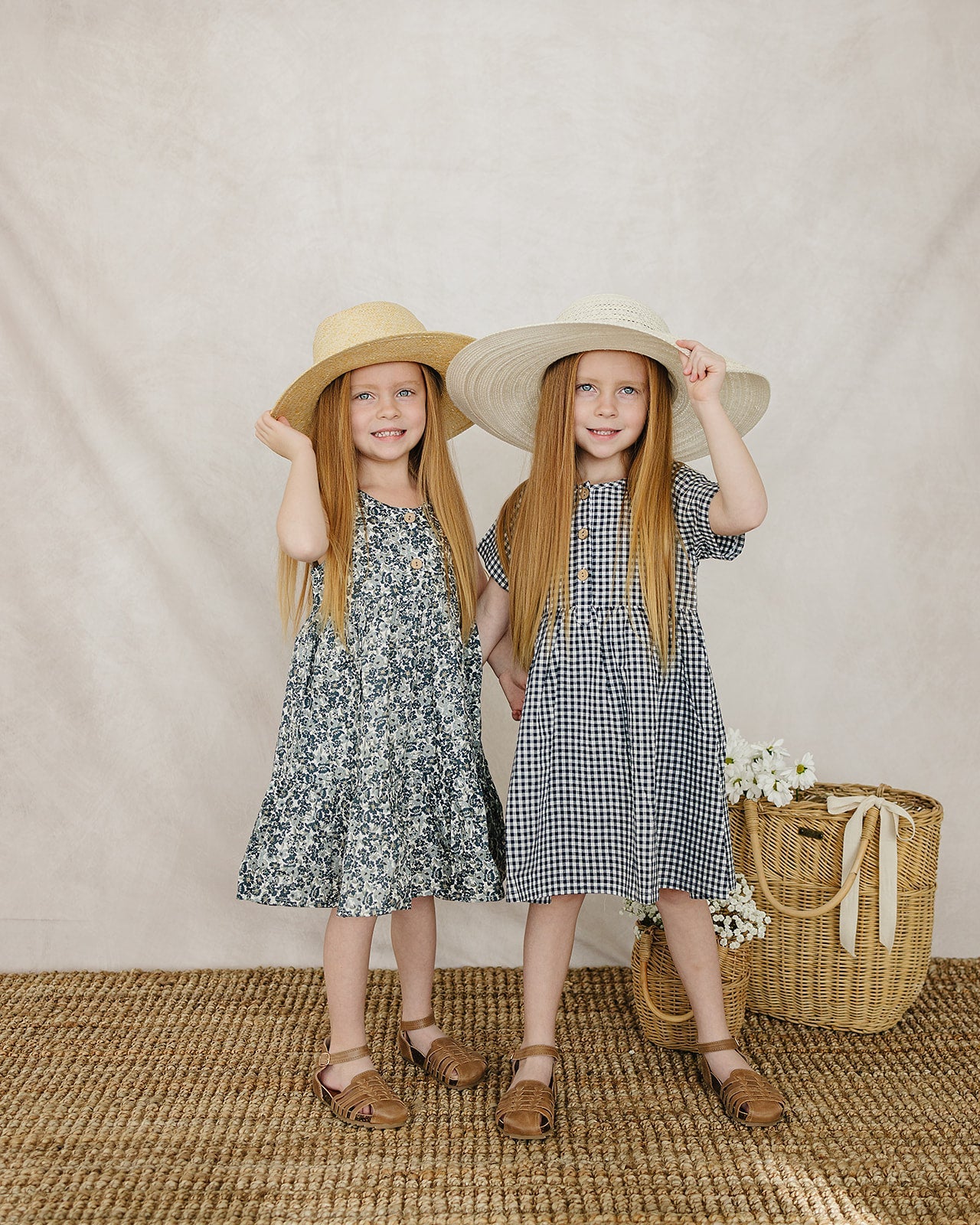 Girls Navy Gingham Linen Cotton Dress