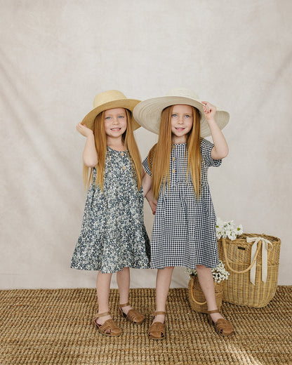 Girls Navy Gingham Linen Cotton Dress