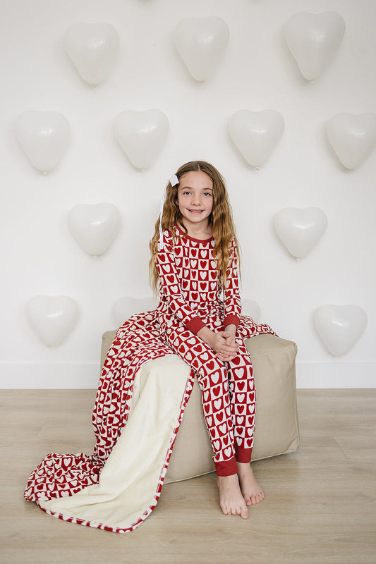 Girls Checkered Hearts Ribbed Bamboo Pajama Set