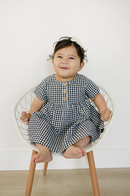 Girls Navy Gingham Linen Cotton Dress