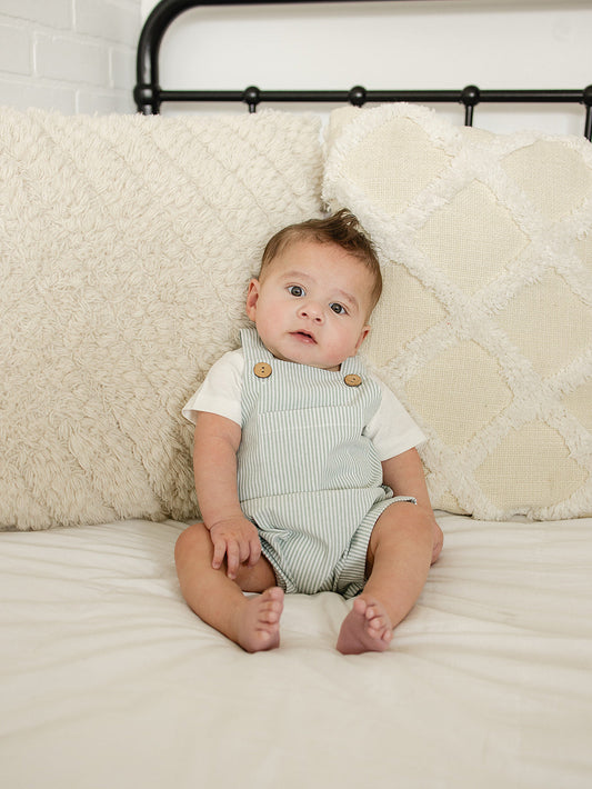 Baby Boy Green Stripe Short Linen Overalls