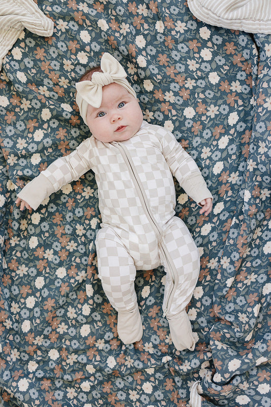 Baby Taupe Checkered Bamboo Zipper Pajama