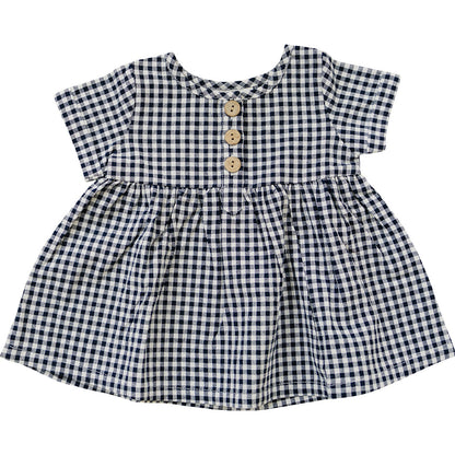 Girls Navy Gingham Linen Cotton Dress