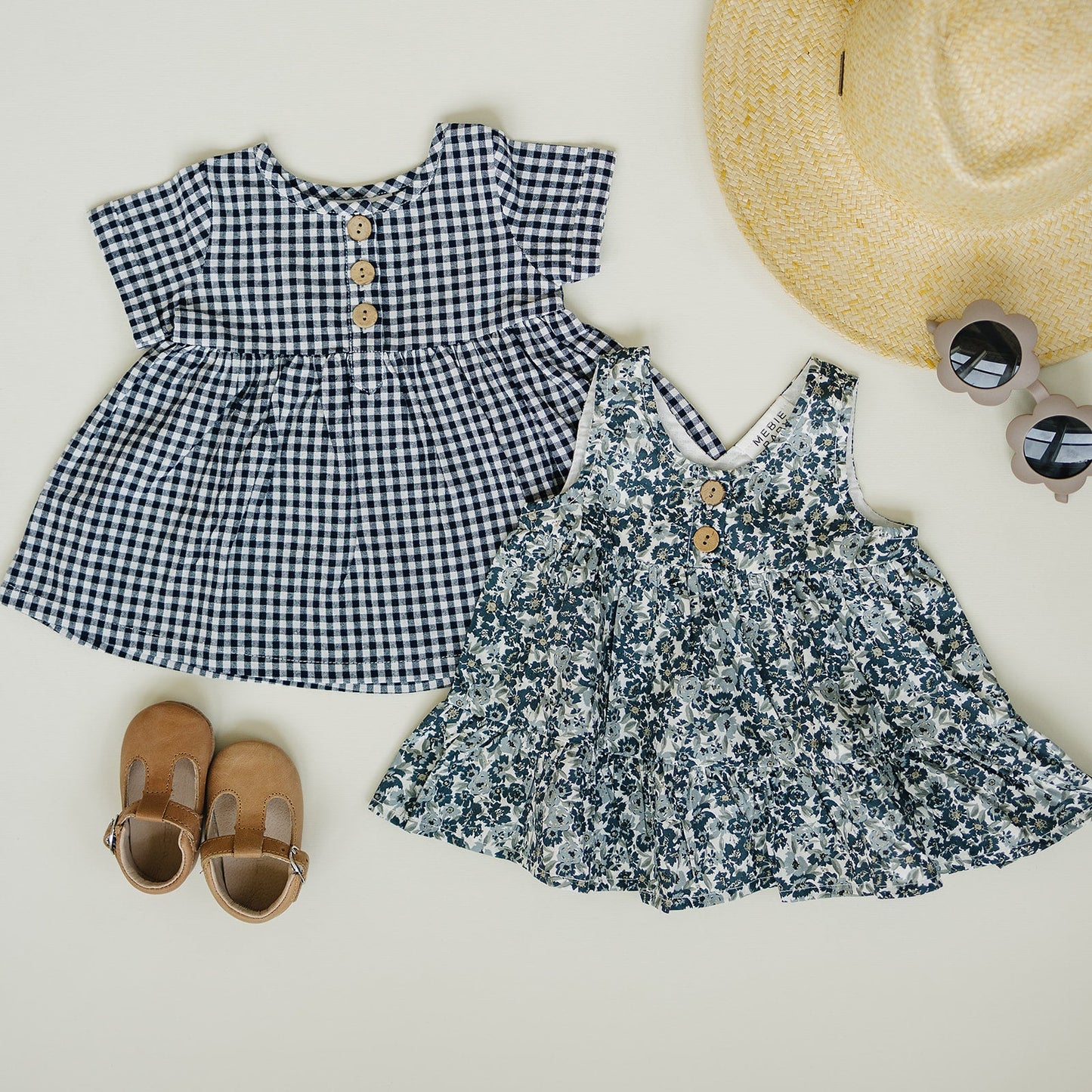 Girls Navy Gingham Linen Cotton Dress