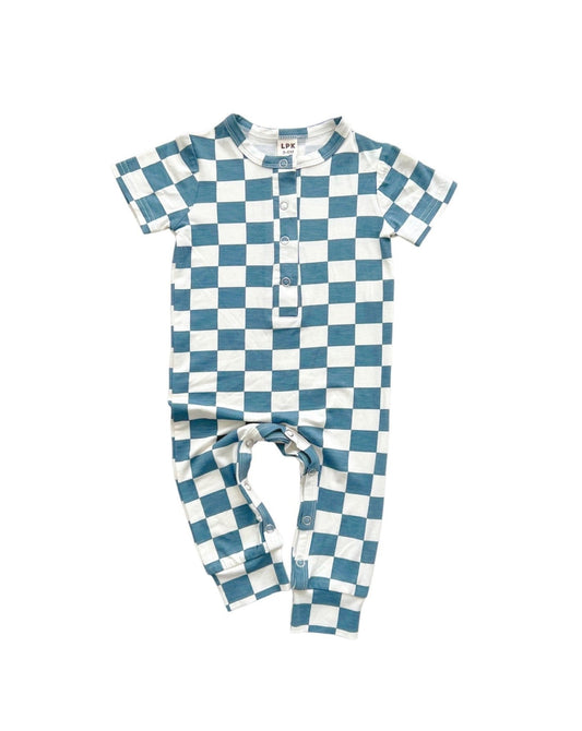 Baby Boy Blue Bamboo Checkered Jumpsuit - Blissfully Lavender BoutiqueLUCKY PANDA KIDS