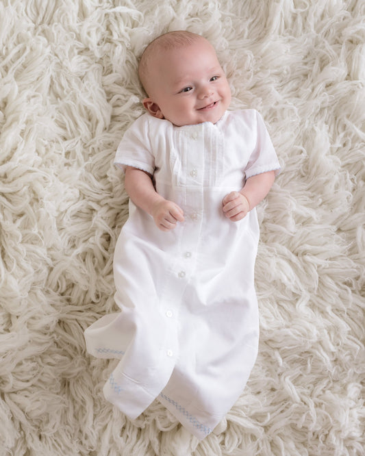 Baby Boy Classic Batiste Day Gown, White with Lt.Blue Trim - Blissfully Lavender BoutiqueCuclie