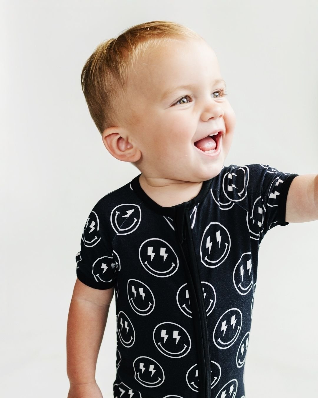 Baby Boy Electric Smiley Bamboo Shorty Romper - Blissfully Lavender BoutiqueLUCKY PANDA KIDS