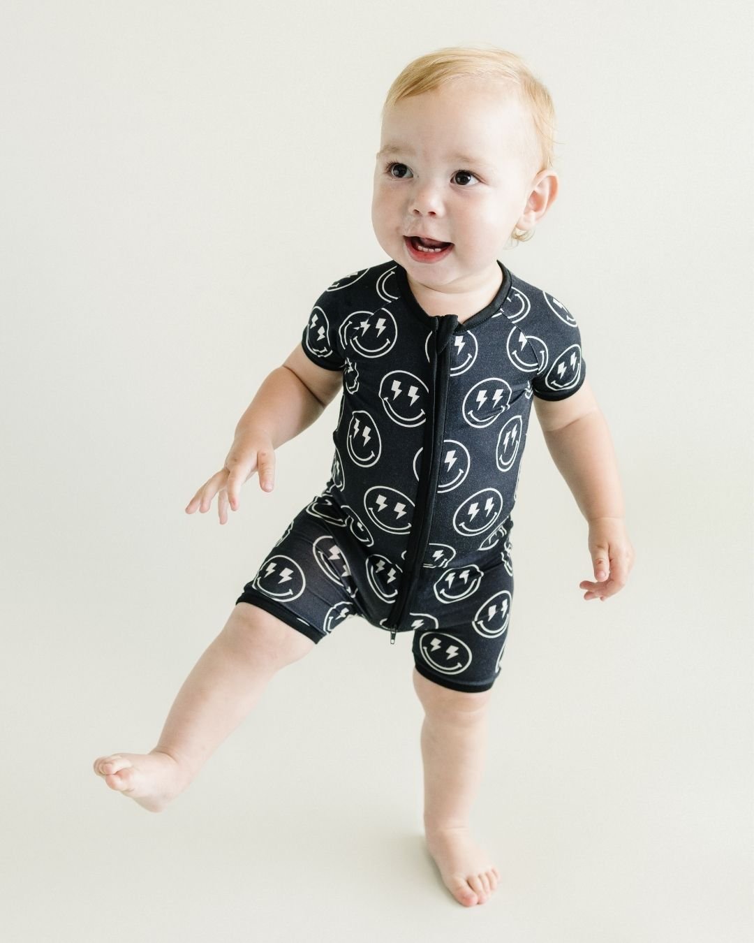 Baby Boy Electric Smiley Bamboo Shorty Romper - Blissfully Lavender BoutiqueLUCKY PANDA KIDS