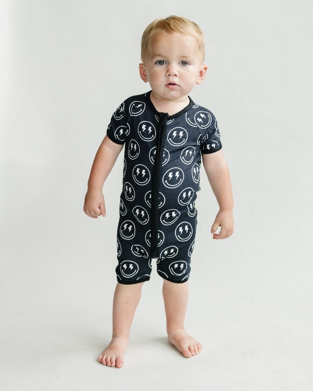 Baby Boy Electric Smiley Bamboo Shorty Romper - Blissfully Lavender BoutiqueLUCKY PANDA KIDS