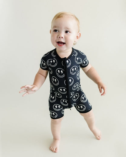 Baby Boy Electric Smiley Bamboo Shorty Romper - Blissfully Lavender BoutiqueLUCKY PANDA KIDS