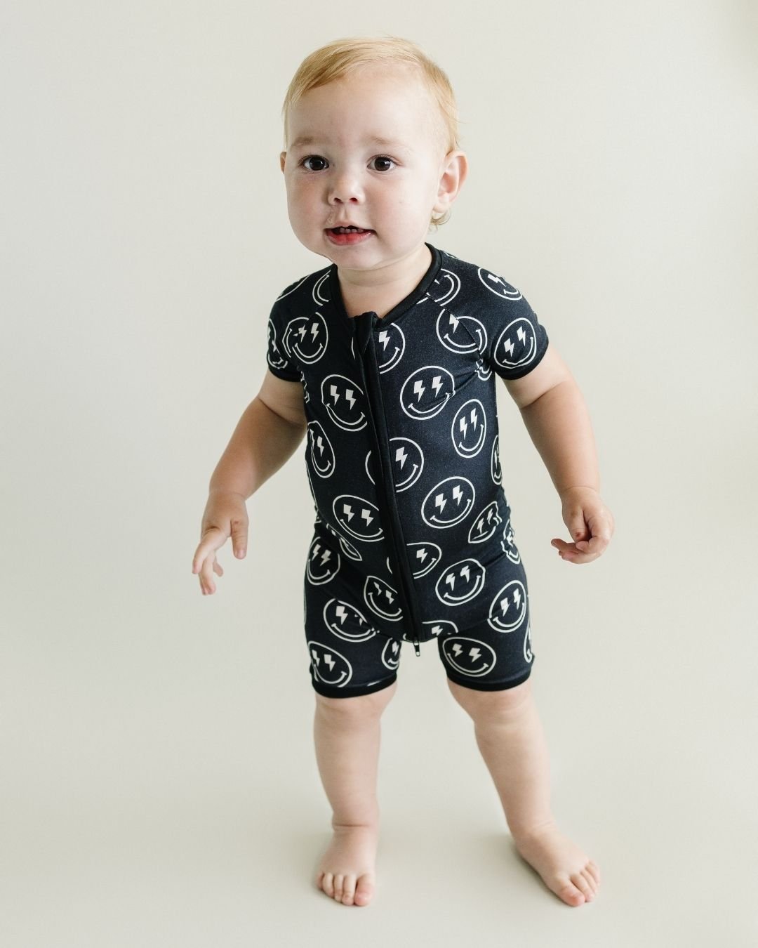 Baby Boy Electric Smiley Bamboo Shorty Romper - Blissfully Lavender BoutiqueLUCKY PANDA KIDS