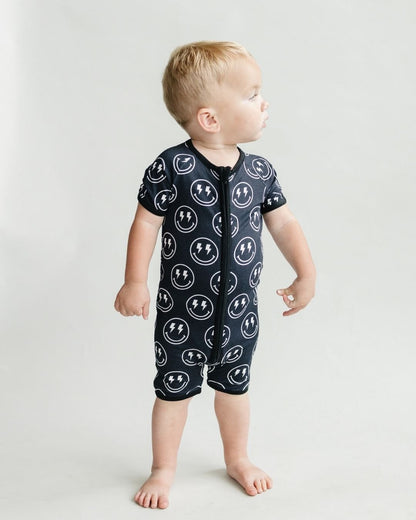 Baby Boy Electric Smiley Bamboo Shorty Romper - Blissfully Lavender BoutiqueLUCKY PANDA KIDS