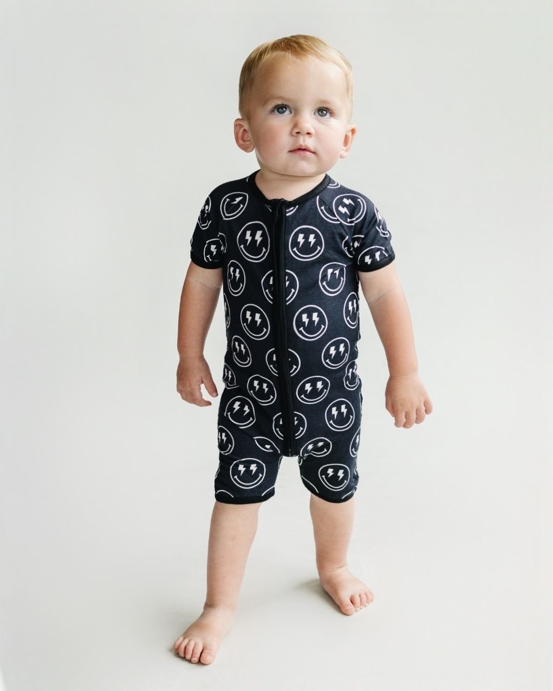 Baby Boy Electric Smiley Bamboo Shorty Romper - Blissfully Lavender BoutiqueLUCKY PANDA KIDS