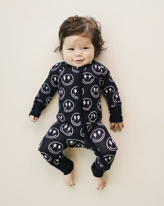 Baby Boy Electric Smiley Bamboo Zip Romper - Blissfully Lavender BoutiqueLUCKY PANDA KIDS