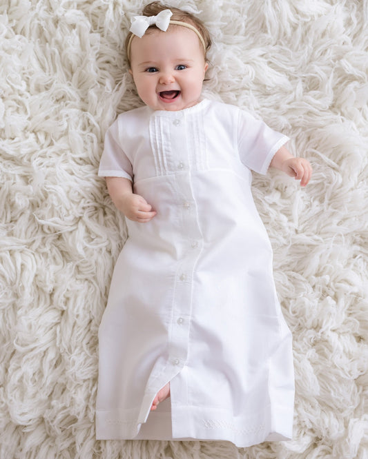 Baby Girl Classic Pima Cotton Batiste Day Gown, White with Ivory Trim - Blissfully Lavender BoutiqueCuclie