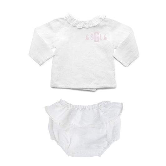 Baby Girl Easter Set | White Linen Frill Bloomer and White Linen Blouse - Blissfully Lavender BoutiqueLouelle.