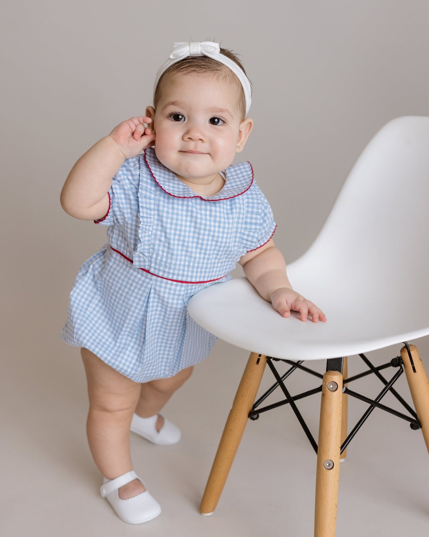 Baby Girl Gingham Pleated Bubble Romper, Blue - Blissfully Lavender BoutiqueCuclie