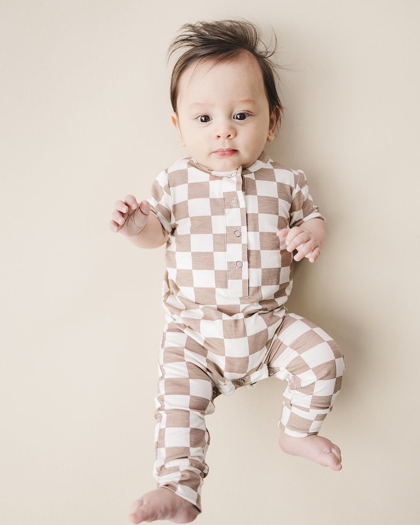 Latte Checkered Bamboo Baby Jumpsuit