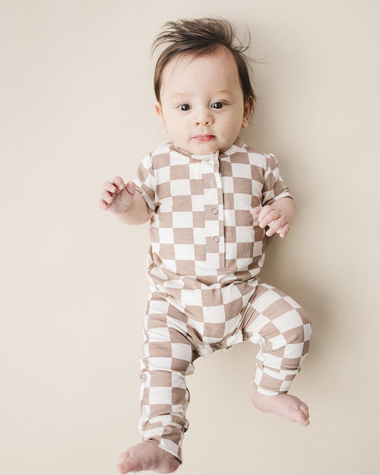 Bamboo Checkered Baby Jumpsuit | Latte