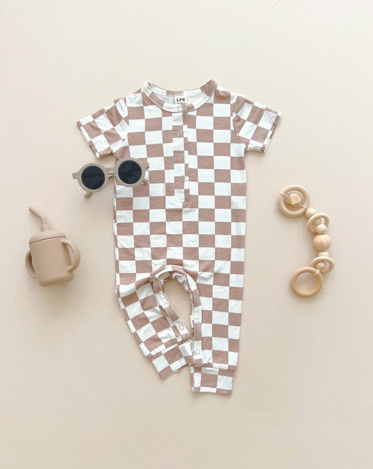 Latte Checkered Bamboo Baby Jumpsuit