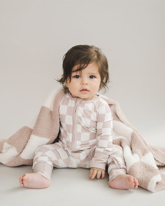 Latte Checkered Bamboo Zip Baby Jumpsuit