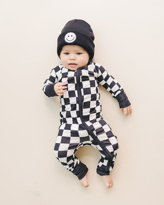 Black Checkered Bamboo Baby Zip Pajama Romper