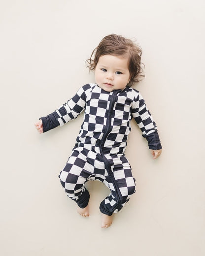 Black Checkered Bamboo Baby Zip Pajama Romper