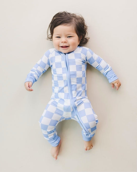 Blue Checkered Bamboo Zip Baby Romper