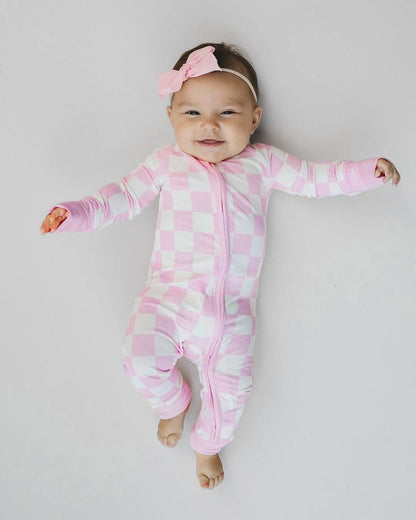 Pink Checkered Bamboo Zip Baby Girl Jumpsuit