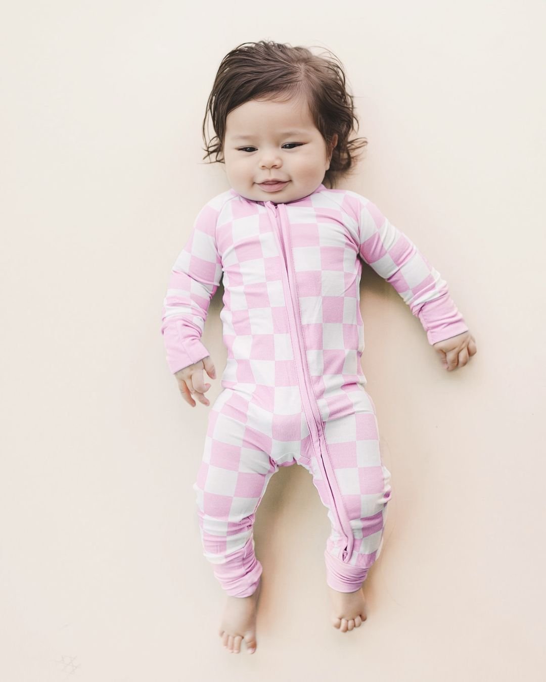 Pink Checkered Bamboo Zip Baby Girl Jumpsuit