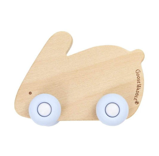 Blue Bunny on Wheels Silicone + Wood Teether - Blissfully Lavender BoutiqueGoosewaddle® | Newborn Baby Blankets Toys Teethers Bibs & More