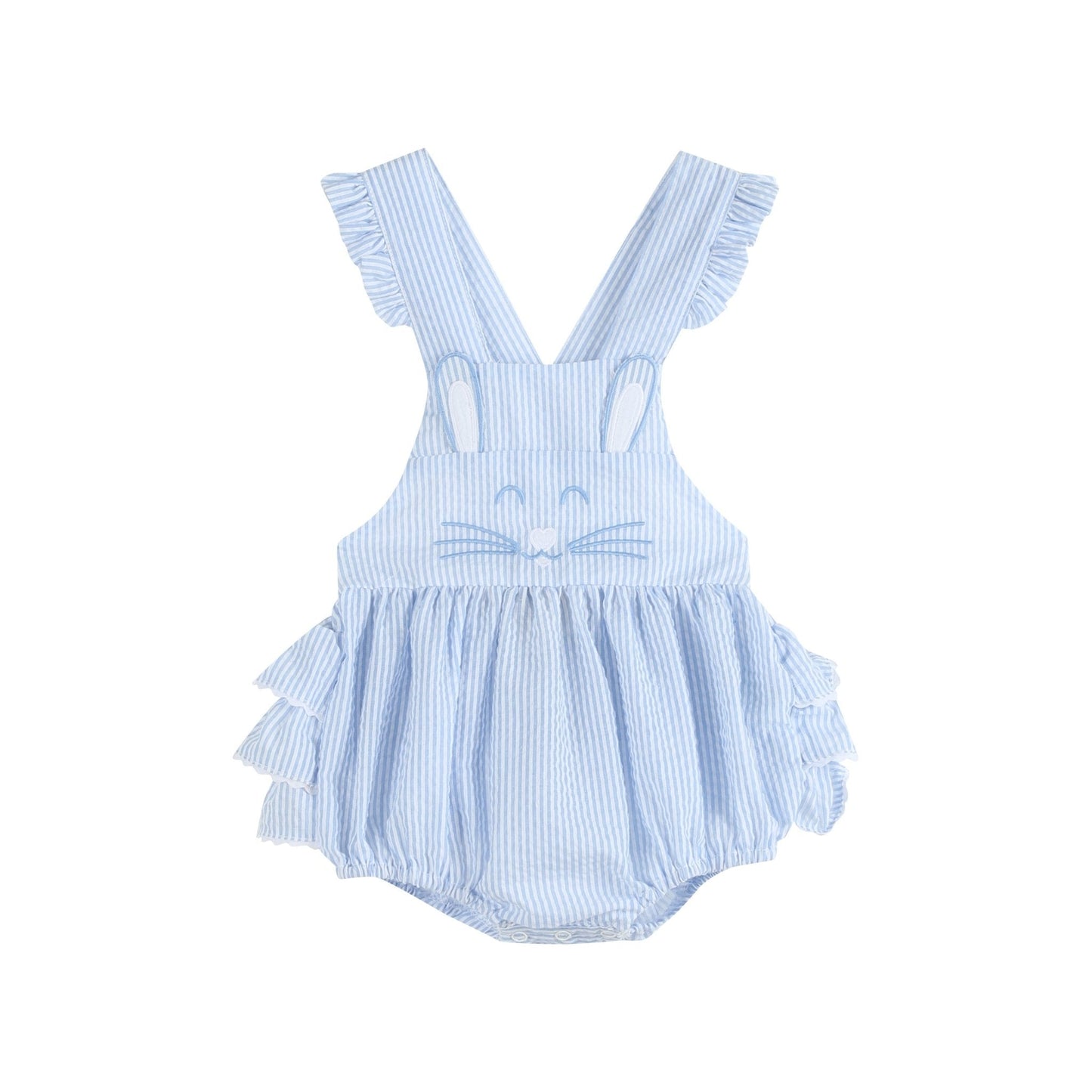 Baby Girl Blue Seersucker Bunny Face Ruffle Romper