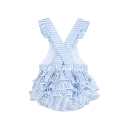 Baby Girl Blue Seersucker Bunny Face Ruffle Romper