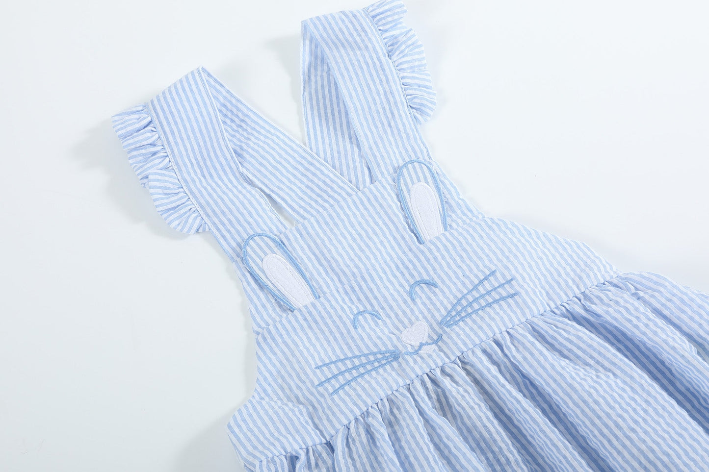 Baby Girl Blue Seersucker Bunny Face Ruffle Romper