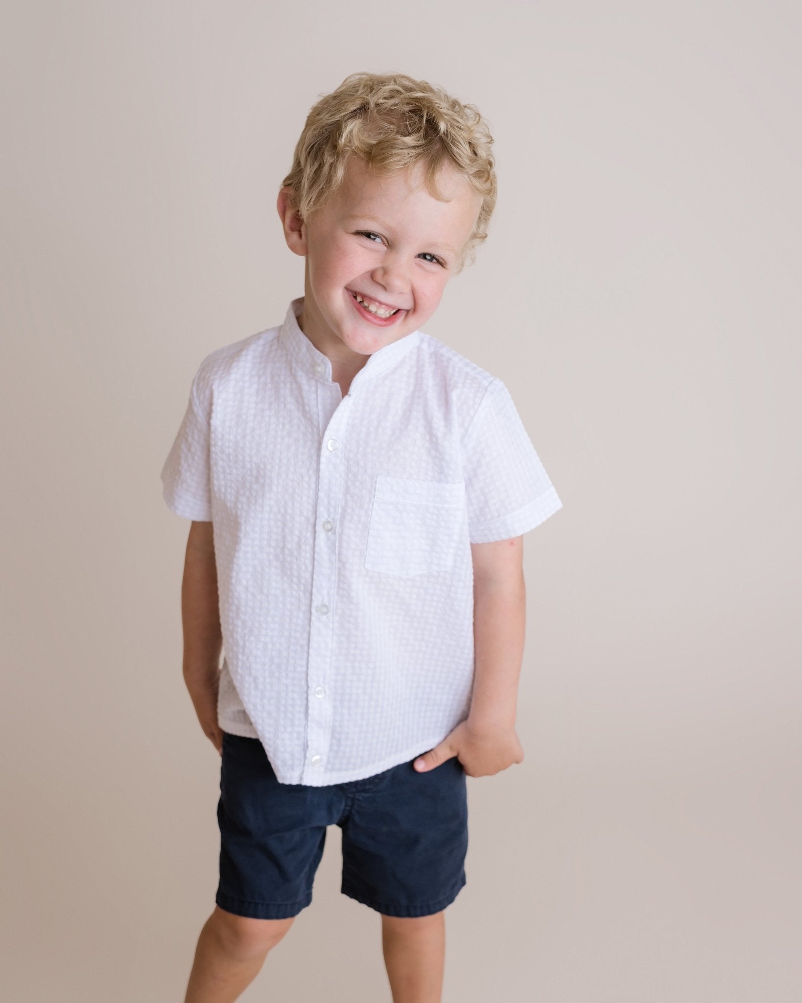 Boys Banded Collar Button Down Shirt, White - Blissfully Lavender BoutiqueCuclie