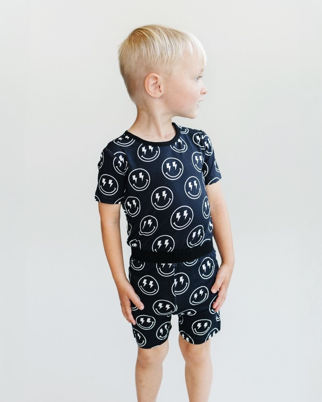 Boys Electric Smiley Bamboo Two Piece Pajama Shorts Set - Blissfully Lavender BoutiqueLUCKY PANDA KIDS