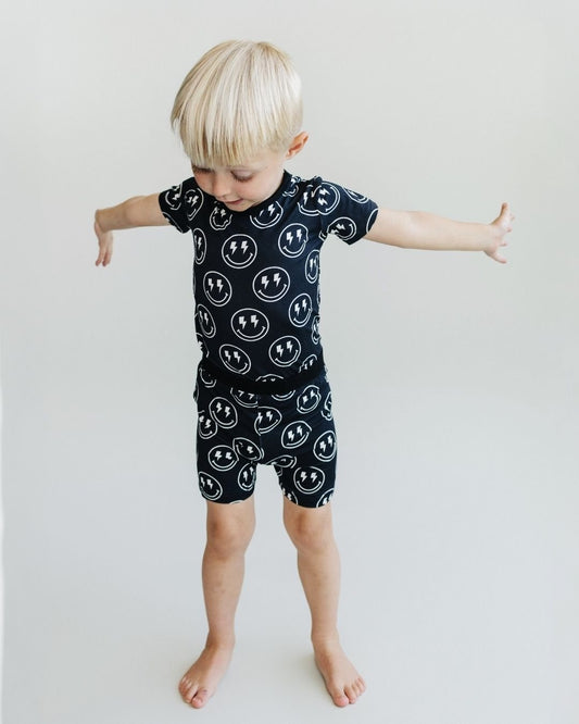 Boys Electric Smiley Bamboo Two Piece Pajama Shorts Set - Blissfully Lavender BoutiqueLUCKY PANDA KIDS