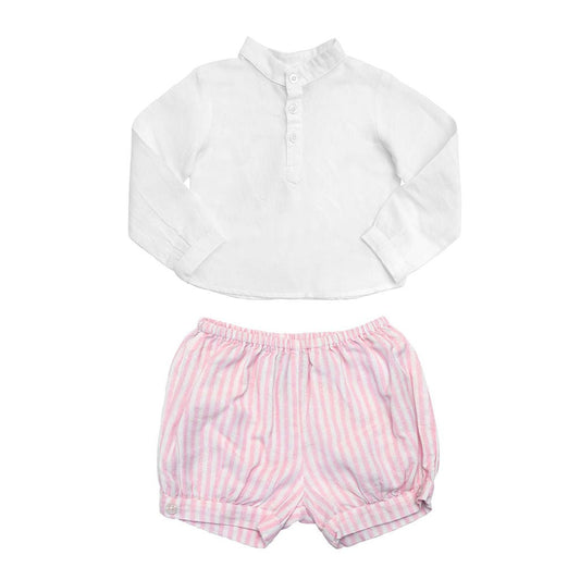 Boys White Shirt and Palm Beach Pink Stripe Shorts Set - Blissfully Lavender BoutiqueLouelle.