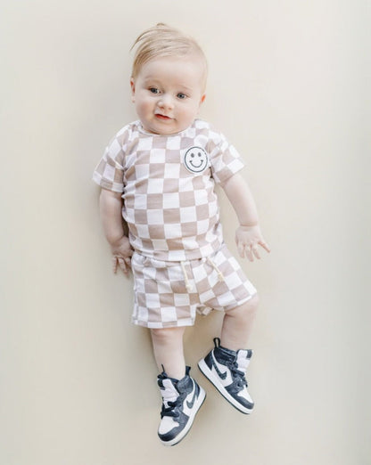 Smiley Latte Checkered Baby Shorts Set