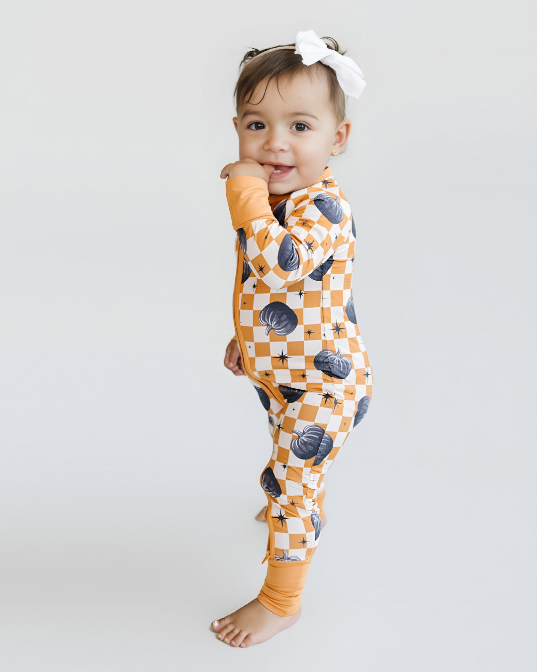 Baby Checkered Pumpkin Bamboo Zip Pajama Romper