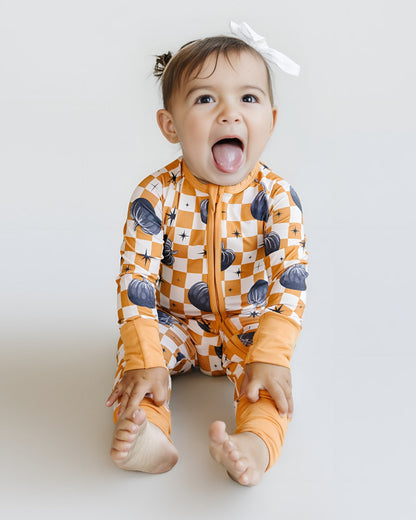 Baby Checkered Pumpkin Bamboo Zip Pajama Romper