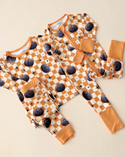 Baby Checkered Pumpkin Bamboo Zip Pajama Romper