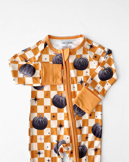 Baby Checkered Pumpkin Bamboo Zip Pajama Romper