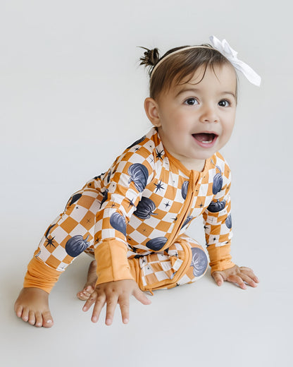 Baby Checkered Pumpkin Bamboo Zip Pajama Romper