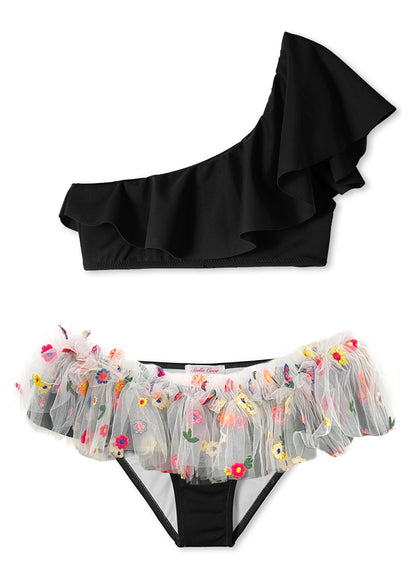 Girls Floral Tulle One Shoulder Bikini Set