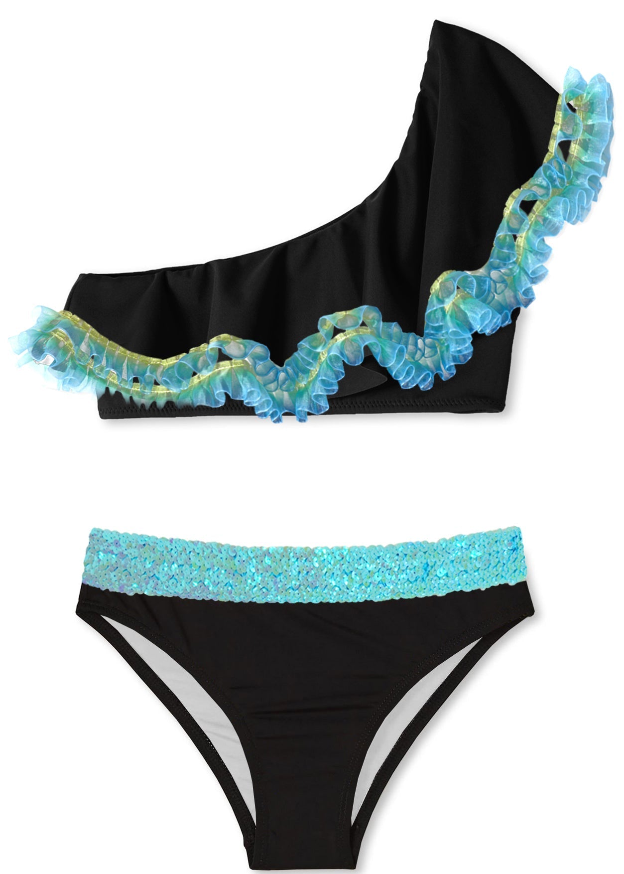 Girls Black Anemone Fringe One Shoulder Bikini with Aqua Sequin Belt - Blissfully Lavender BoutiqueStella Cove